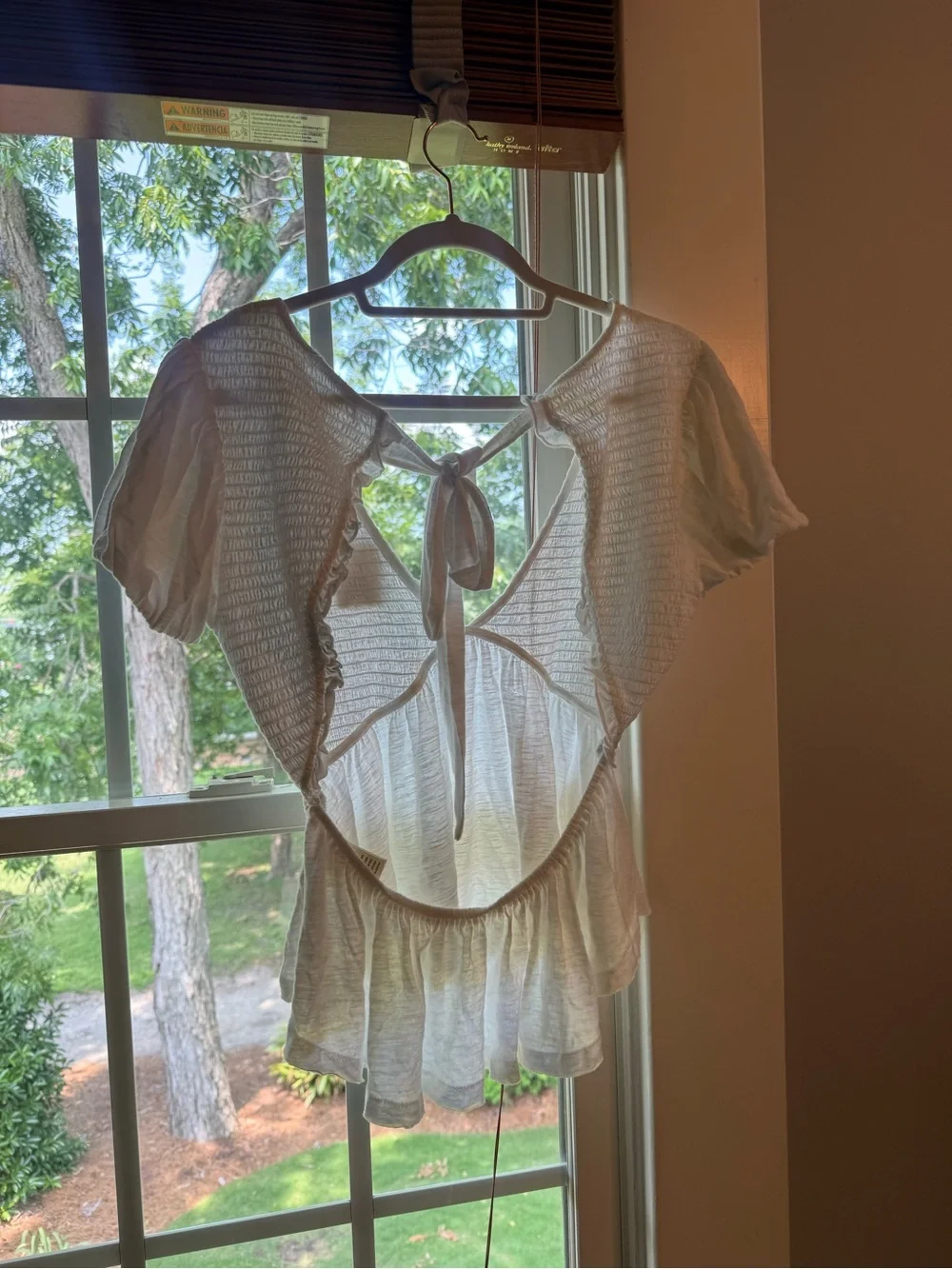 Free People Ivory Smocked V-Neck Tie-Back Peplum Blouse